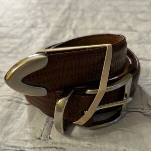 ADDENDUM GENUINE LEATHER MENS BROWN SKIN PRINT SILVER TONE BUCKLE BELT SIZE 30